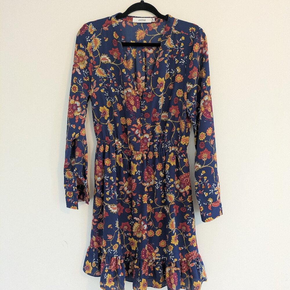 Justfab navy blue red orange yellow floral print, size medium